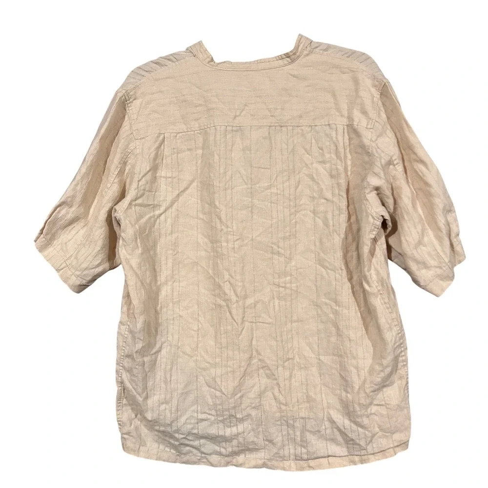 Banana Republic Mens 100% Linen Short Sleeve Shirt Beige Striped V-Neck Large